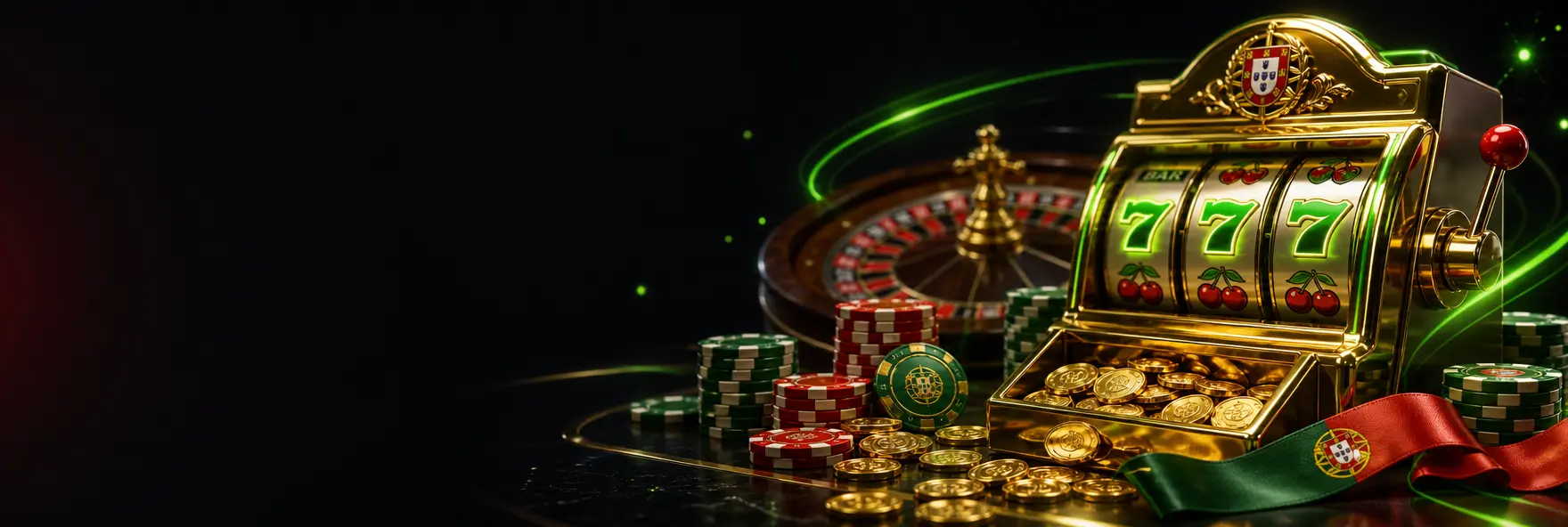 Slot machine dourada com moedas e fichas verdes e vermelhas num casino escuro