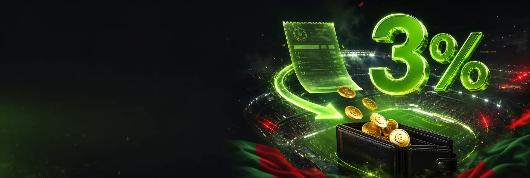 Moedas de euro e um boletim de apostas a brilhar em verde sobre um estádio noturno