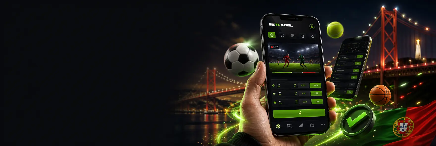 Mão a segurar um telemóvel com a aplicação BetLabel aberta numa aposta desportiva ao vivo