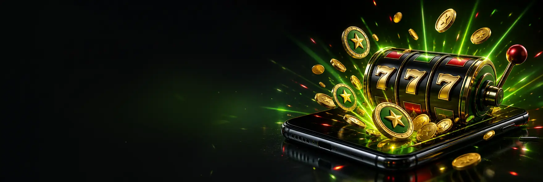 Rolos de slot com setes dourados e moedas de ouro a sair do ecrã de um telemóvel sobre fundo escuro