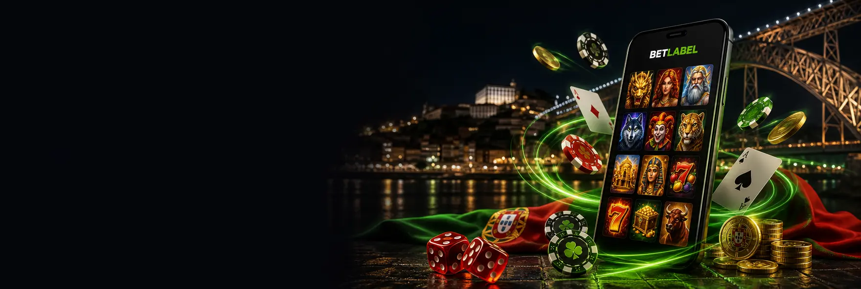 Telemóvel com o lobby de slots do BetLabel Casino rodeado de fichas, dados e cartas