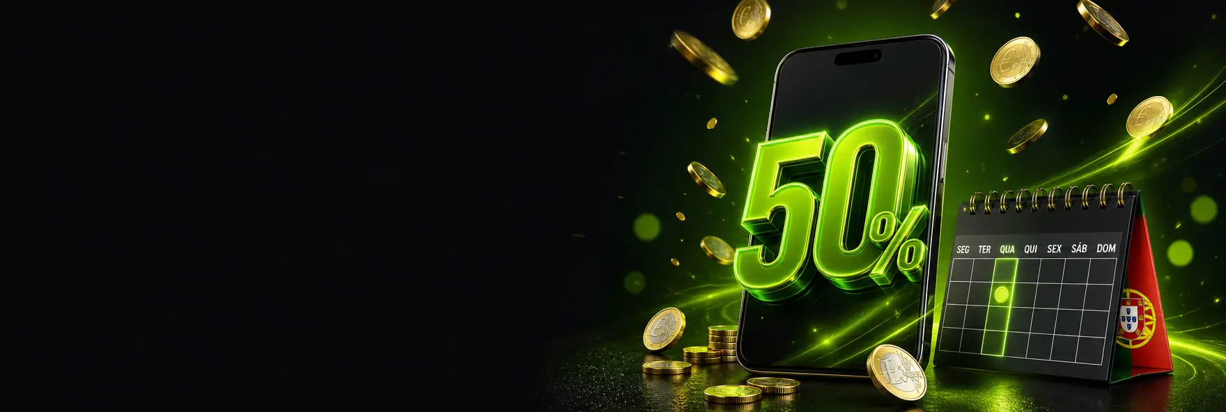 Telemóvel com uma oferta de recarga de quarta-feira e moedas de euro sobre fundo verde escuro