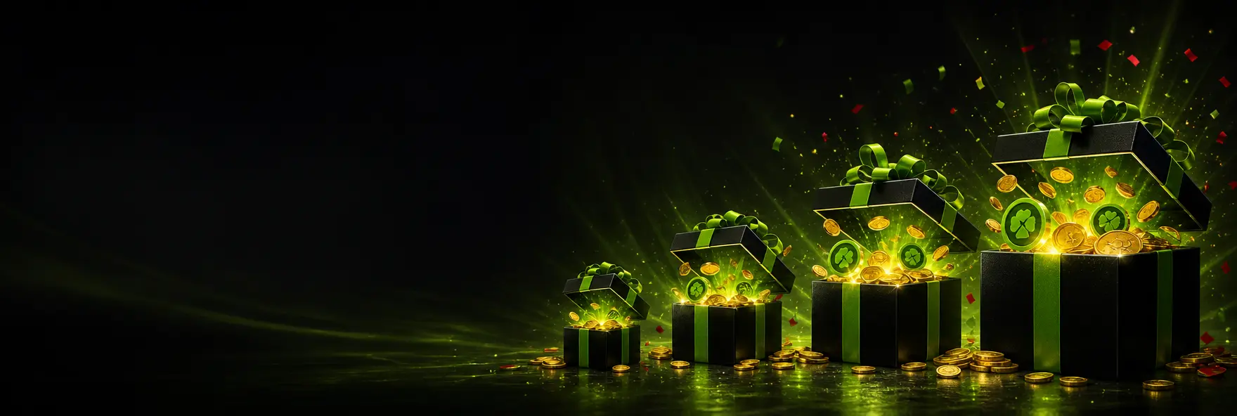 Quatro caixas de presente em escada com moedas de ouro a representar os quatro depósitos do bónus