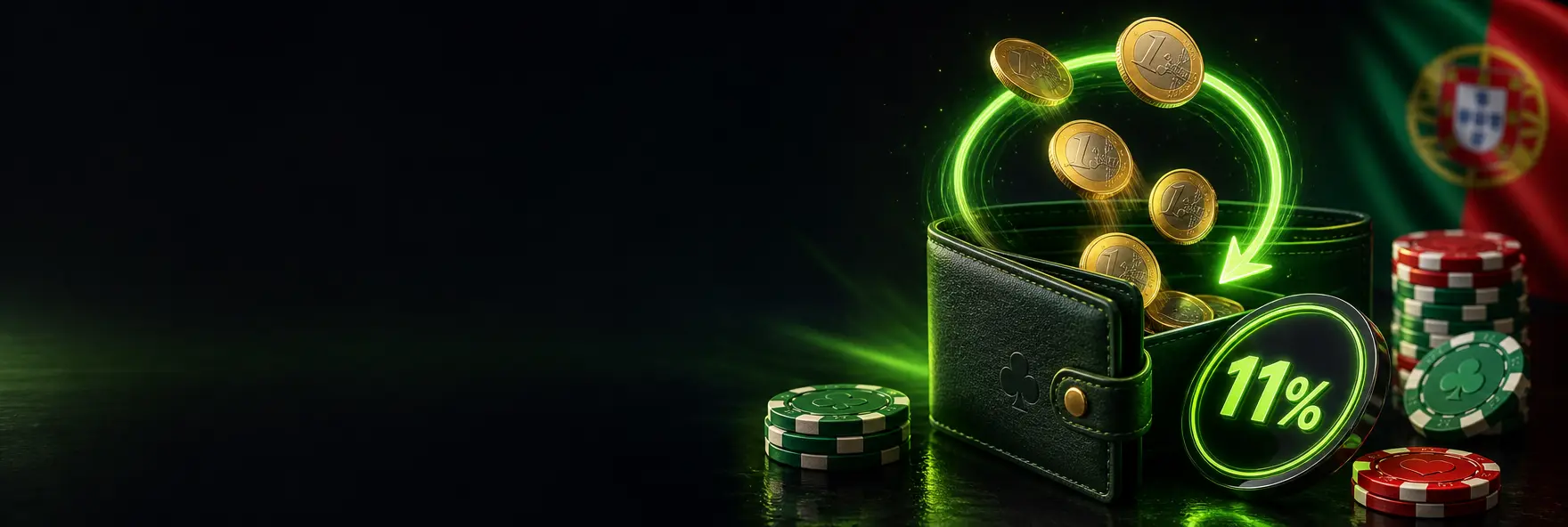 Moedas de euro a regressar para uma carteira verde com setas circulares de cashback