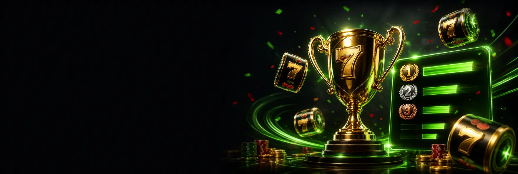 Taça de torneio dourada com rolos de slot e uma tabela classificativa em néon verde