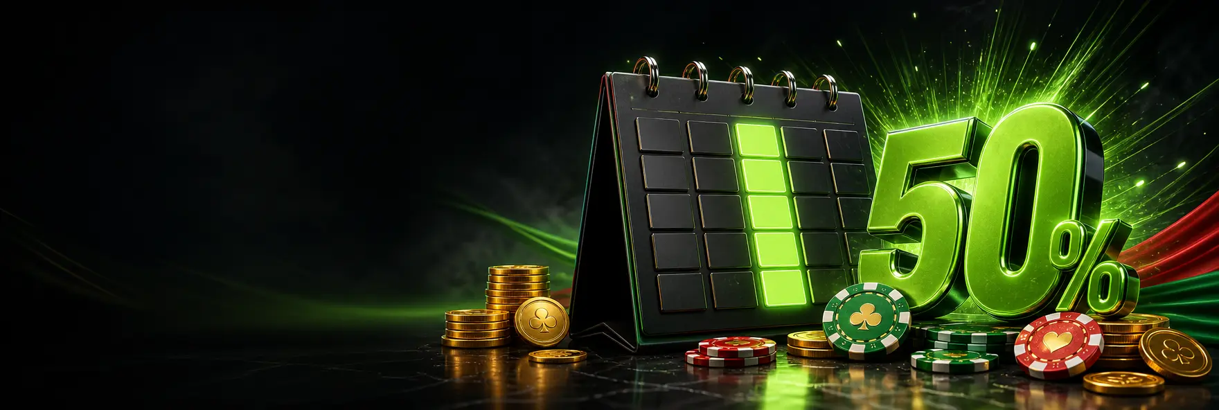 Calendário com a quarta-feira destacada a verde, moedas de ouro e fichas de casino