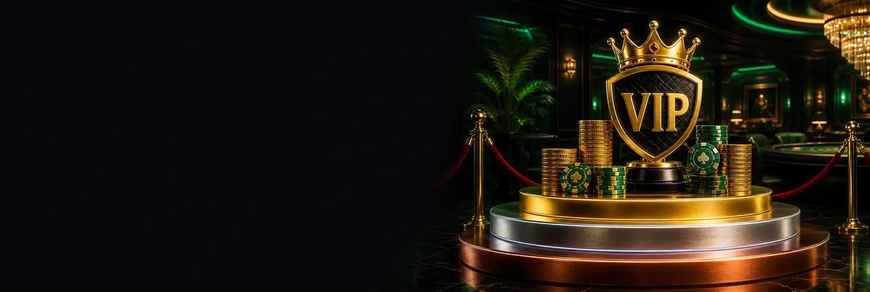 Troféu VIP dourado com coroa sobre moedas e fichas verdes num salão de casino escuro