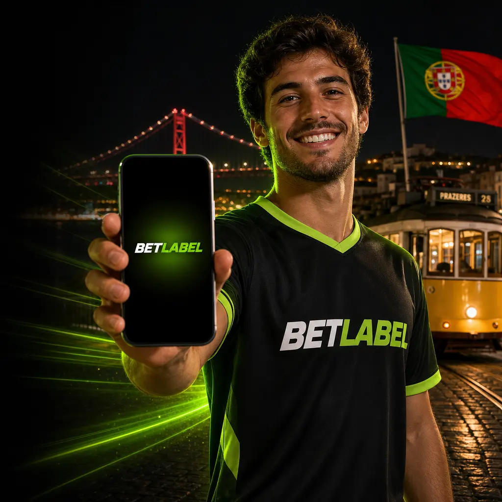 Adepto com camisola da BetLabel a mostrar um telemóvel com o logótipo BetLabel no ecrã, com a ponte 25 de Abril, um elétrico e a bandeira de Portugal ao fundo