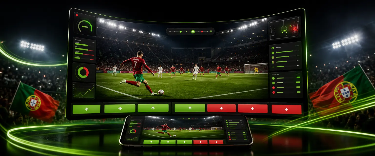 Ecrã com uma partida de futebol em direto, estatísticas ao vivo e odds a atualizar, com um telemóvel em primeiro plano