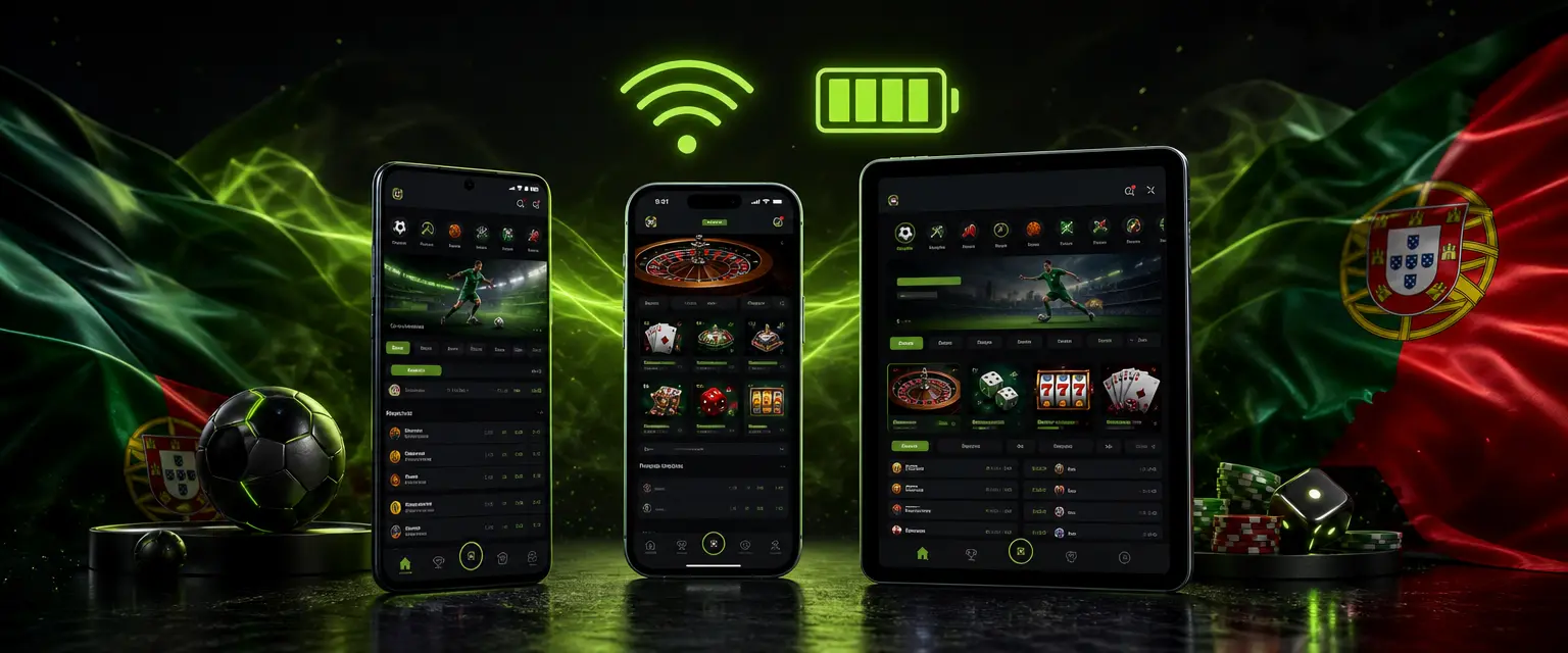 Telemóvel Android, iPhone e tablet lado a lado com a mesma aplicação de apostas e casino aberta