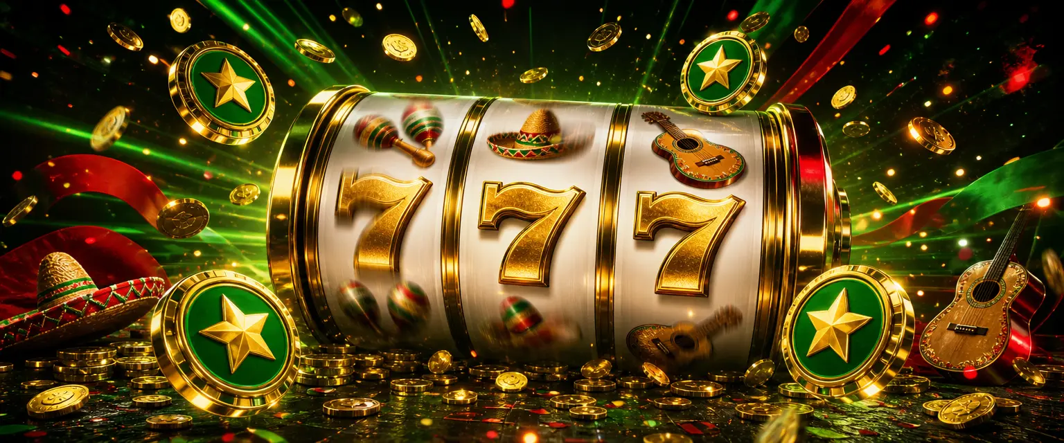 Rolos de slot a girar com setes dourados e símbolos mariachi, com fichas douradas e moedas a voar