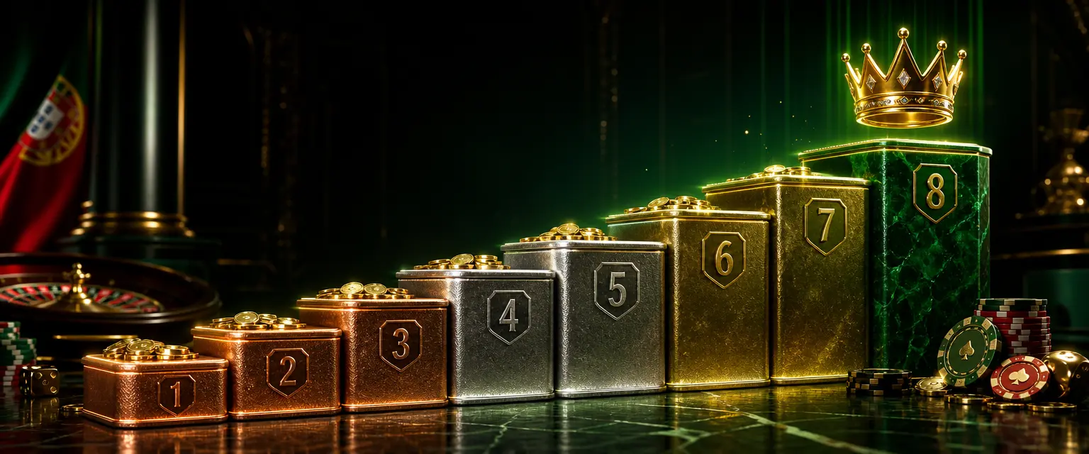 Escada de oito degraus iluminados, do cobre ao verde esmeralda, que sobe até uma coroa VIP dourada