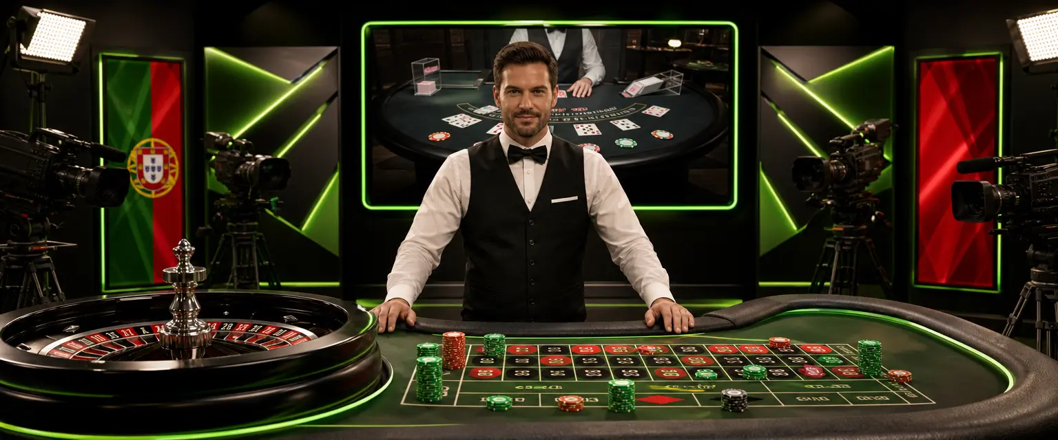 Estúdio de casino ao vivo com crupiê atrás de uma mesa de roleta, câmaras e fichas verdes e vermelhas