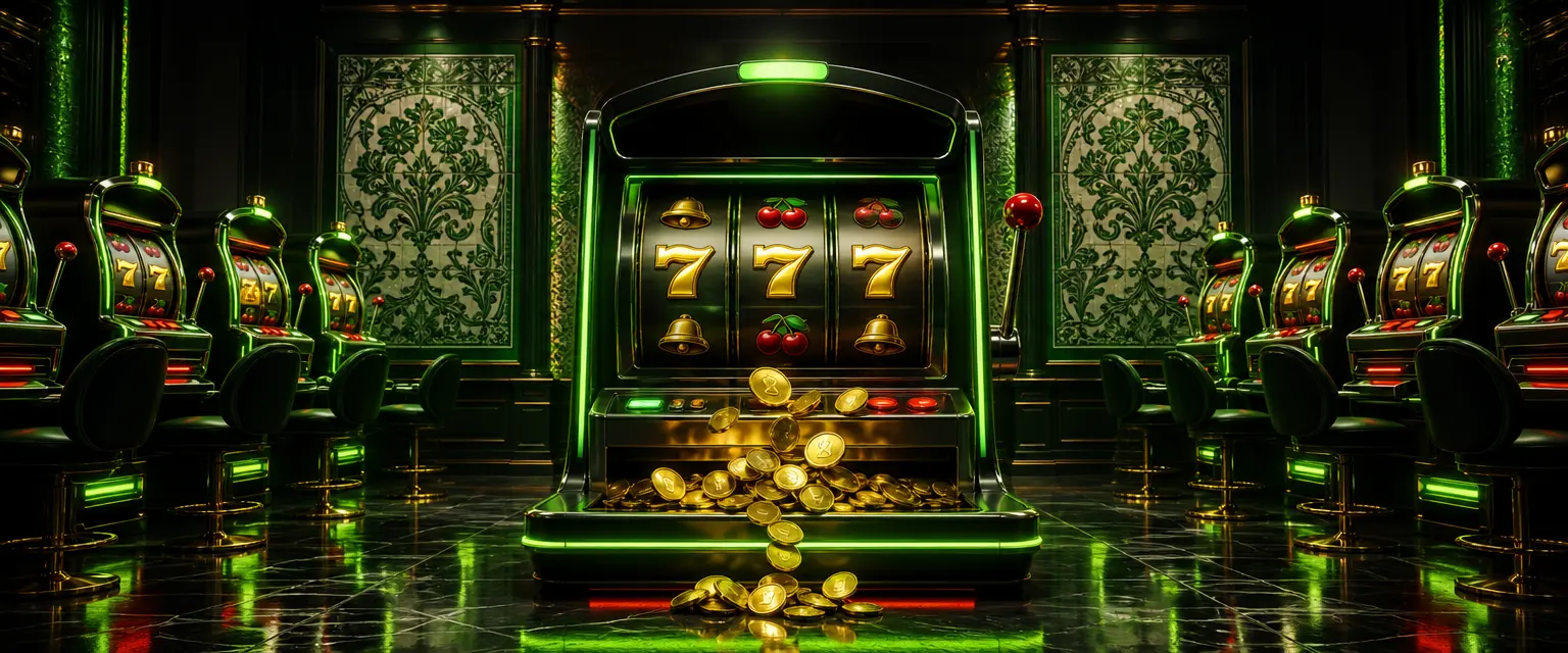 Fila de slot machines iluminadas a verde e vermelho com rolos de setes dourados, cerejas e sinos num casino escuro
